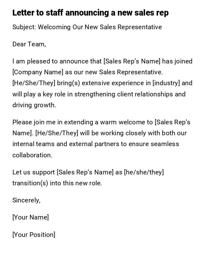 Letter to staff announcing a new sales rep Letter to staff announcing a new sales rep