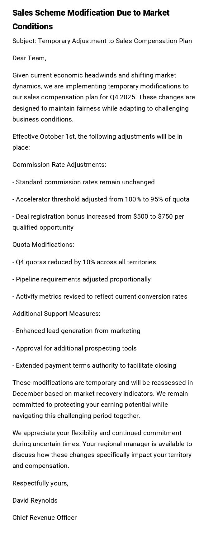 Sales Scheme Modification Due to Market Conditions Sales Scheme Modification Due to Market Conditions