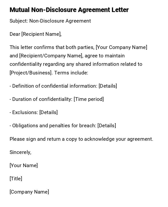 Mutual Non-Disclosure Agreement Letter