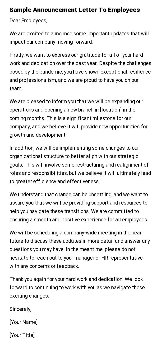 Sample Announcement Letter To Employees