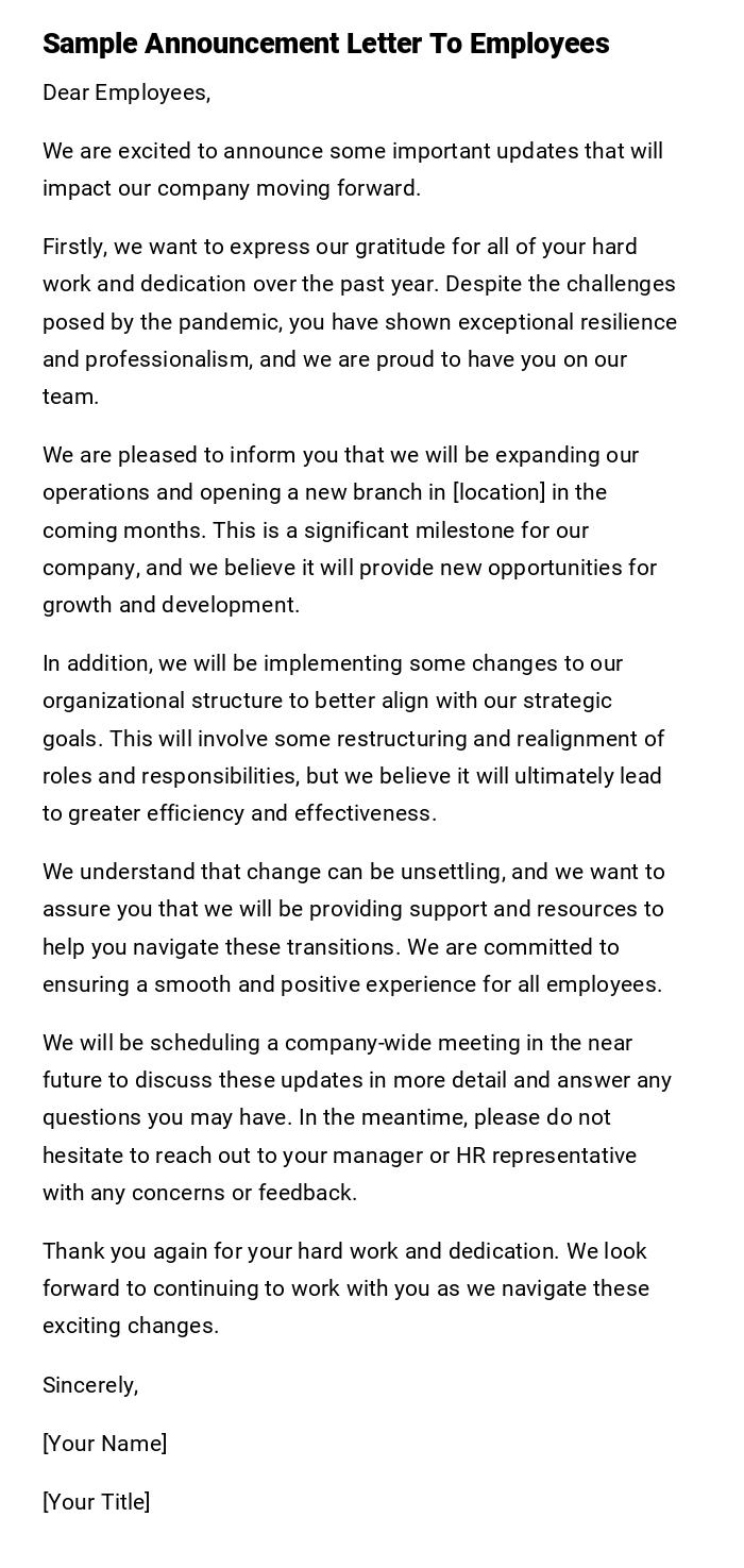 Sample Announcement Letter To Employees Sample Announcement Letter To Employees