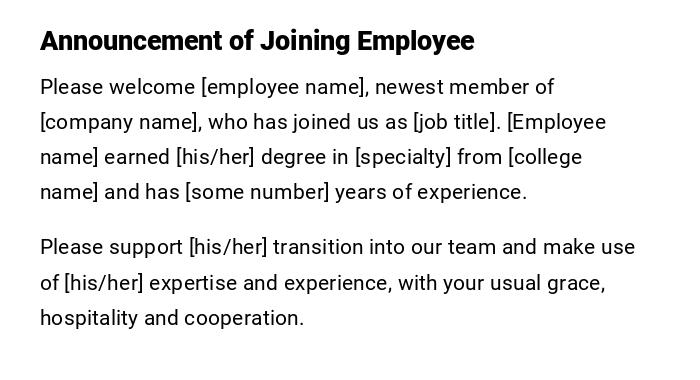 Announcement of Joining Employee Announcement of Joining Employee