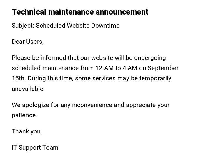 Technical maintenance announcement Technical maintenance announcement