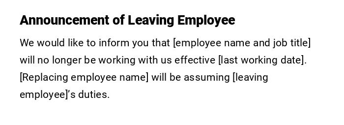 Announcement of Leaving Employee Announcement of Leaving Employee