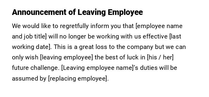 Announcement of Leaving Employee Announcement of Leaving Employee