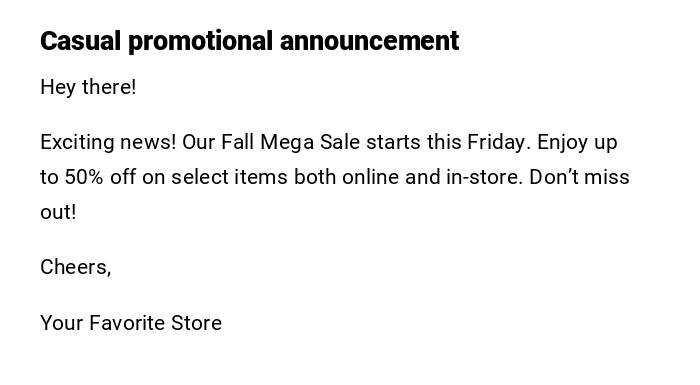 Casual promotional announcement Casual promotional announcement