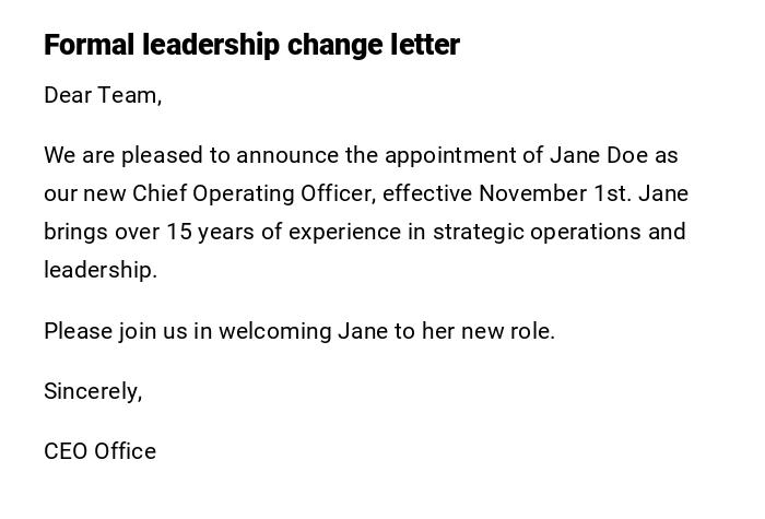 Formal leadership change letter Formal leadership change letter