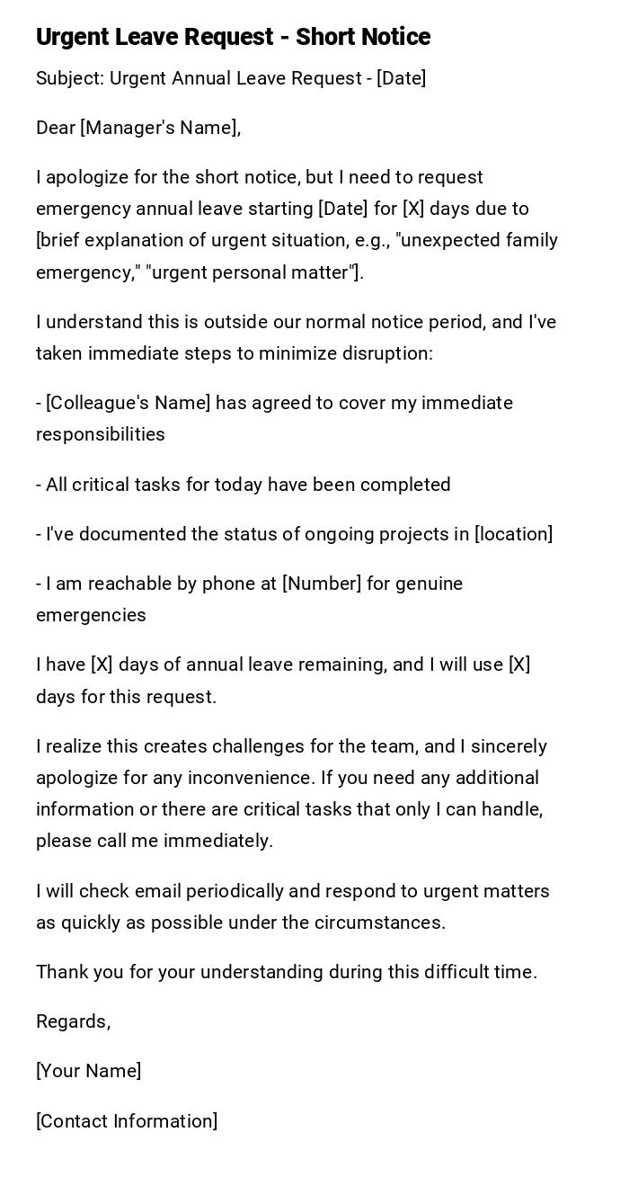 Urgent Leave Request - Short Notice Urgent Leave Request - Short Notice