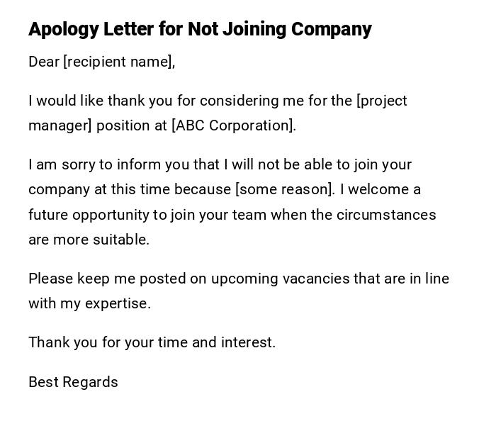 Apology Letter for Not Joining Company