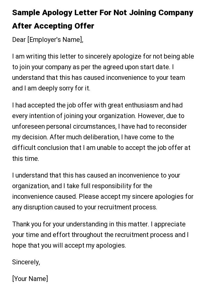 Sample Apology Letter For Not Joining Company After Accepting Offer
