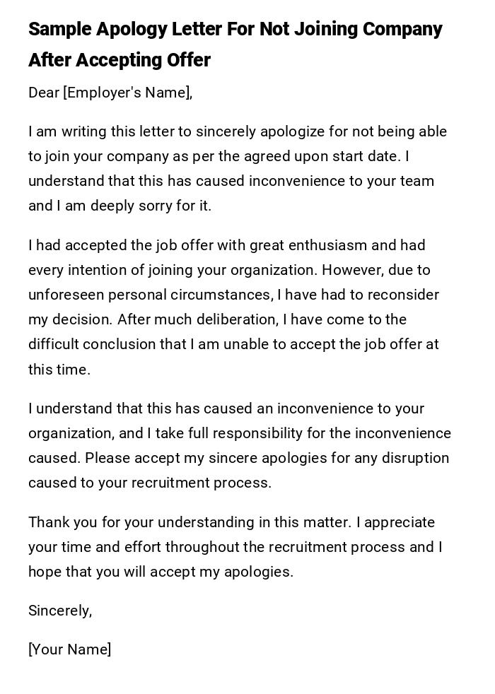 Sample Apology Letter For Not Joining Company After Accepting Offer