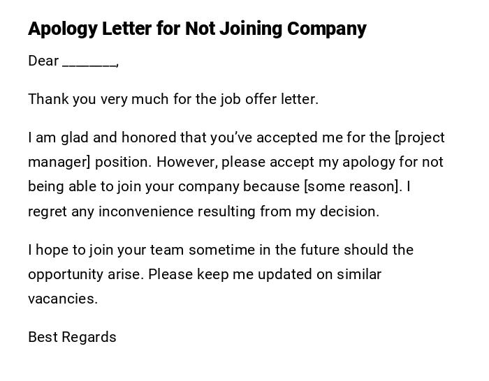Apology Letter for Not Joining Company