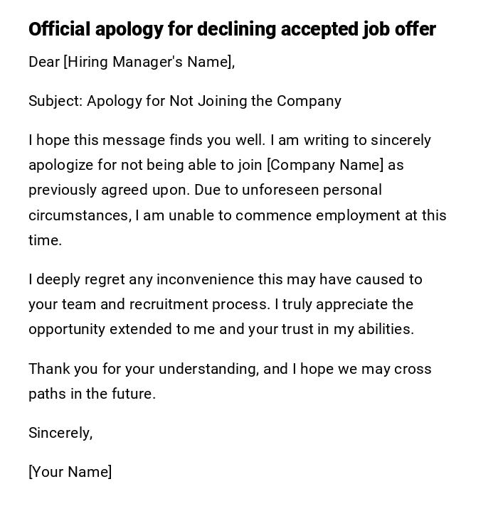 Official apology for declining accepted job offer