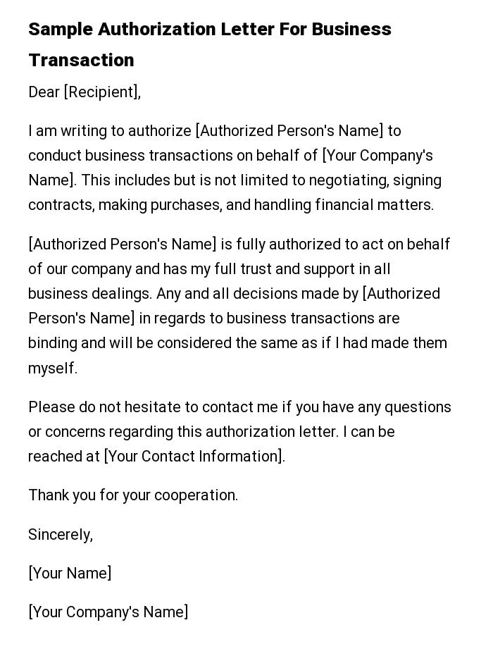 Sample Authorization Letter For Business Transaction