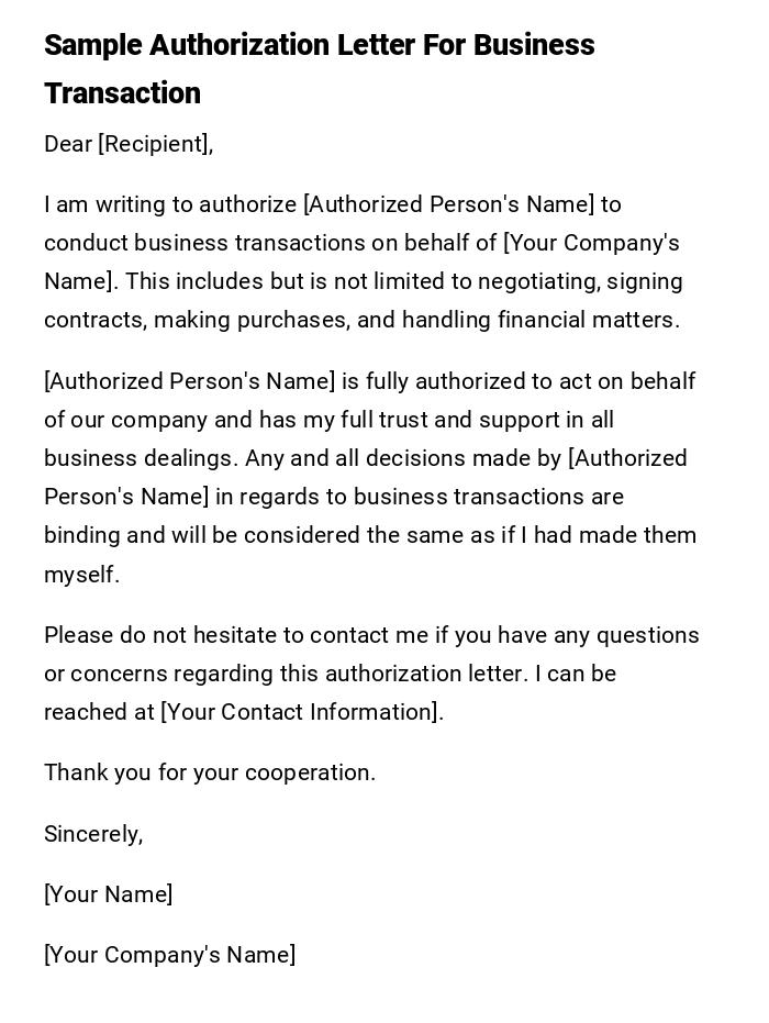 Sample Authorization Letter For Business Transaction