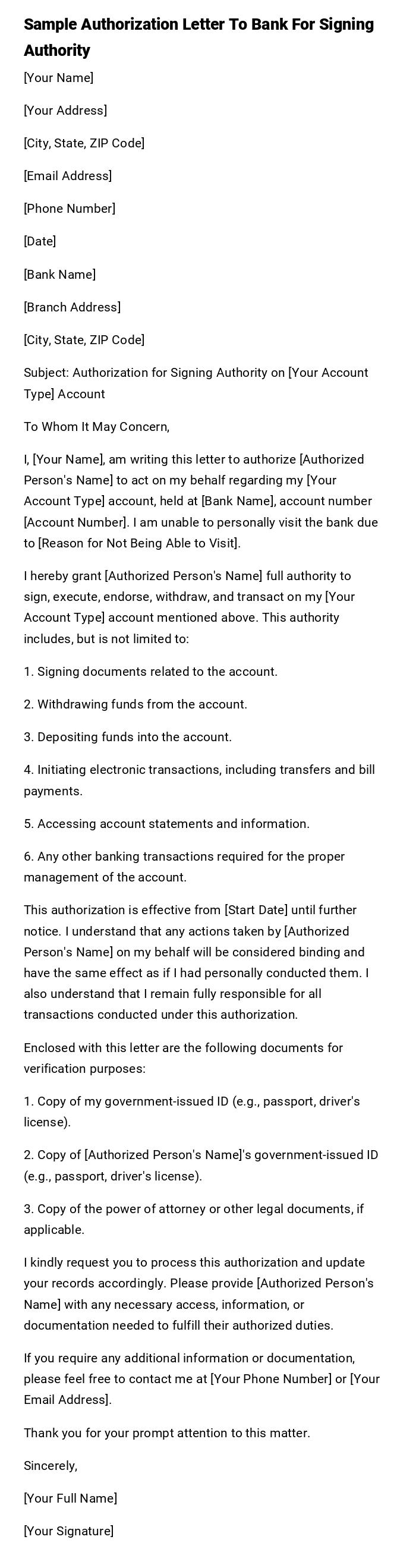Sample Authorization Letter To Bank For Signing Authority Sample Authorization Letter To Bank For Signing Authority