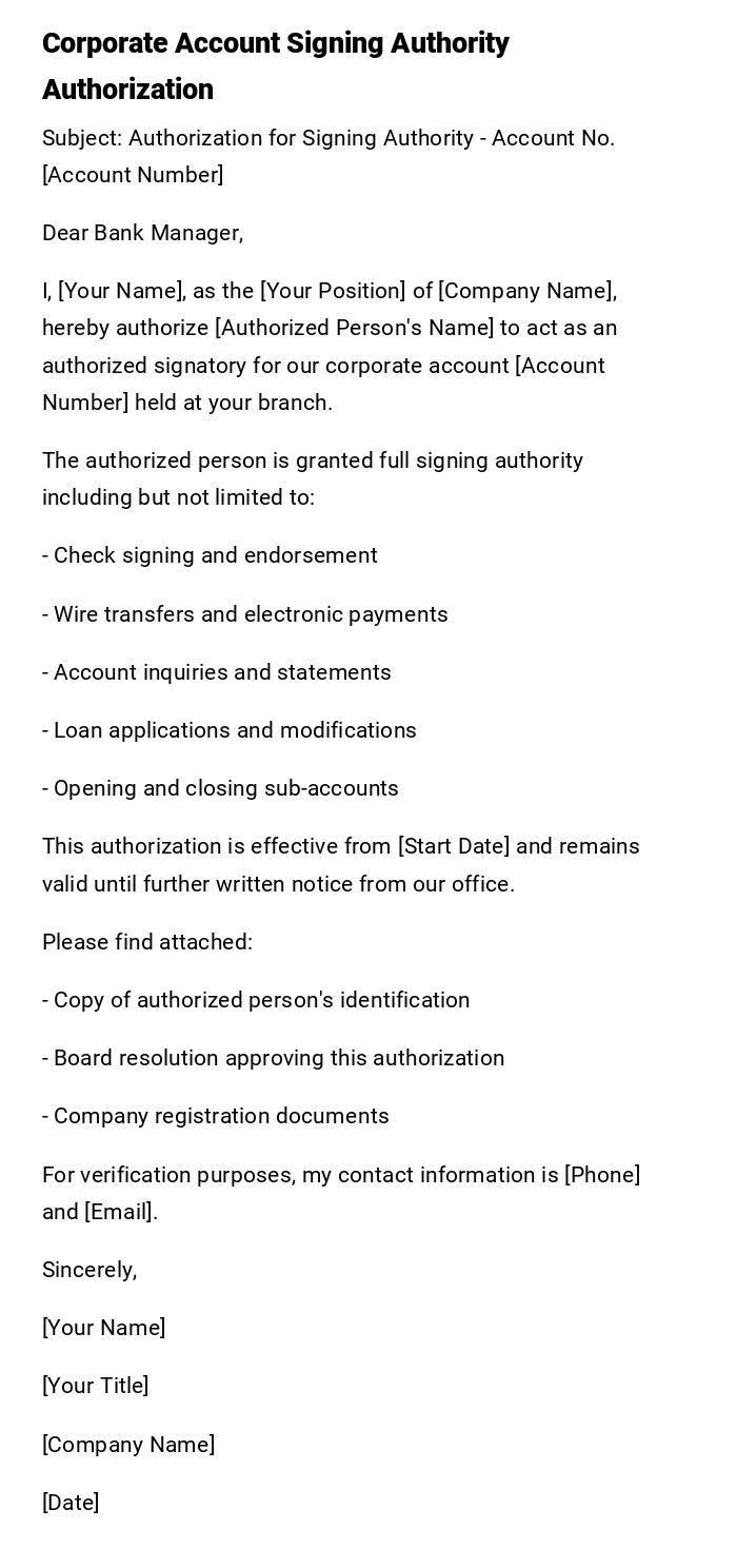 Corporate Account Signing Authority Authorization