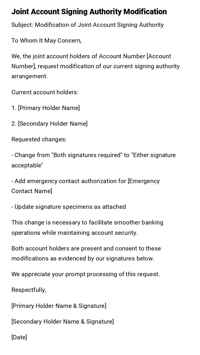 Joint Account Signing Authority Modification