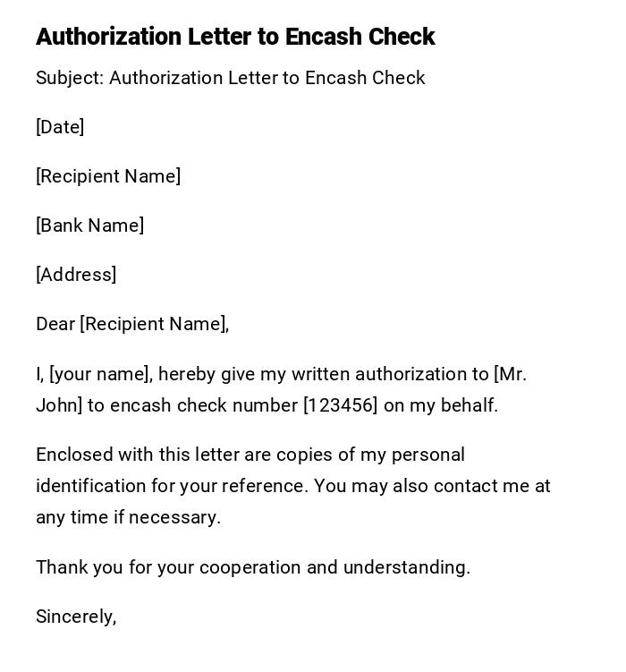Authorization Letter to Encash Check Authorization Letter to Encash Check