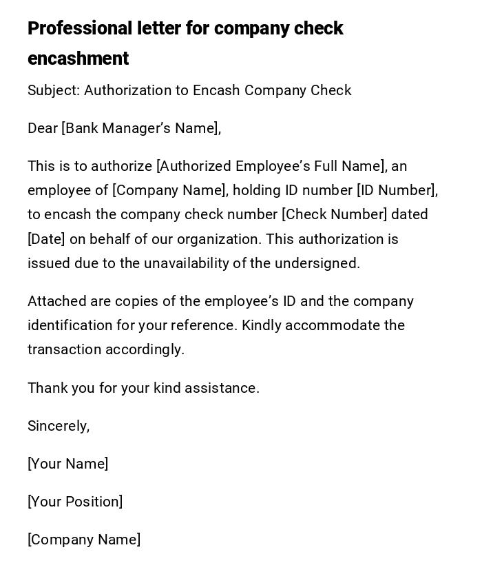 Professional letter for company check encashment Professional letter for company check encashment