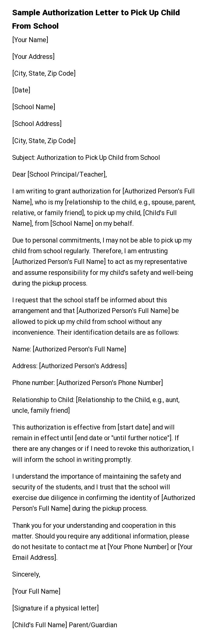 Sample Authorization Letter to Pick Up Child From School