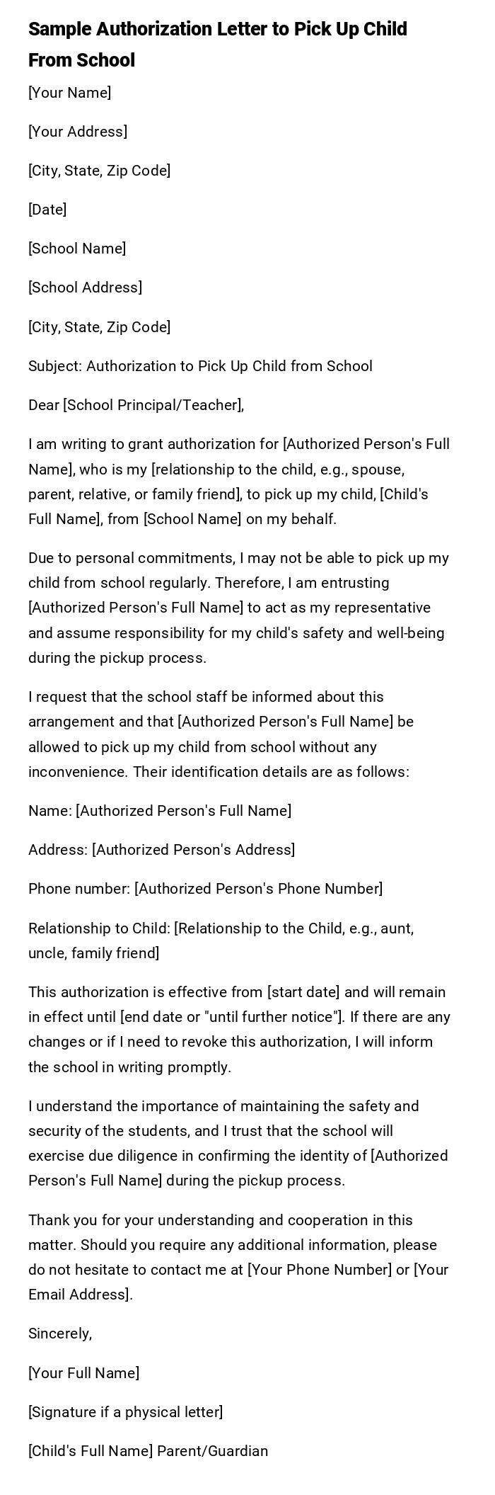 Sample Authorization Letter to Pick Up Child From School