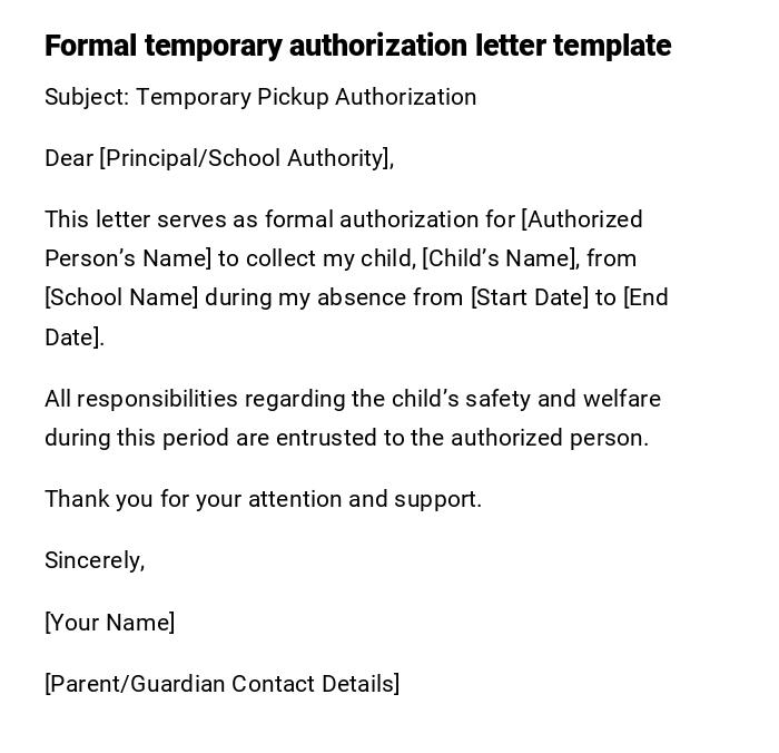 Formal temporary authorization letter template