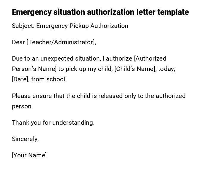 Emergency situation authorization letter template