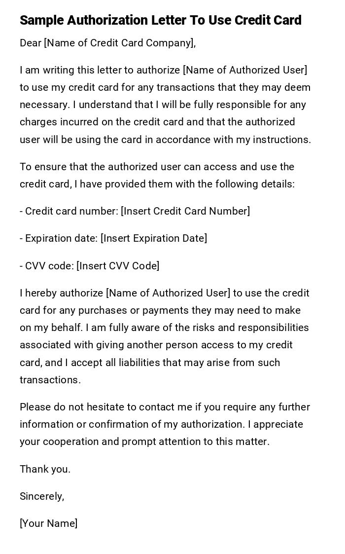 Sample Authorization Letter To Use Credit Card