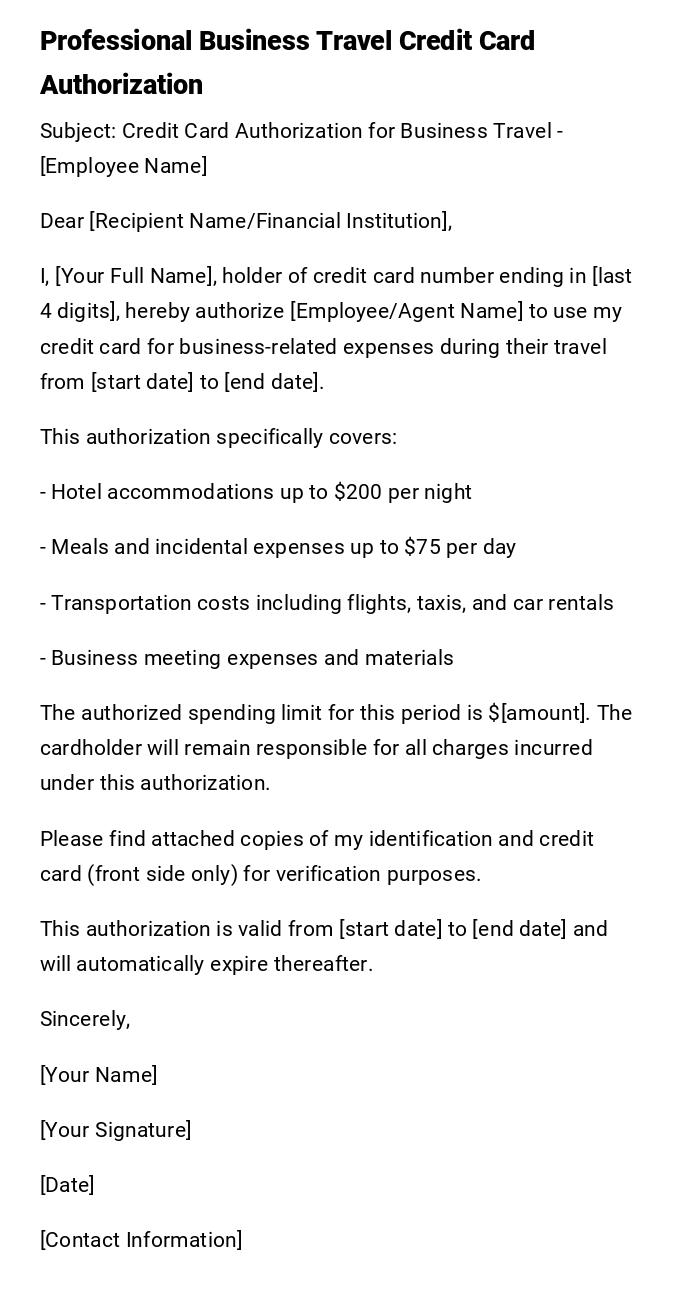 Professional Business Travel Credit Card Authorization Professional Business Travel Credit Card Authorization