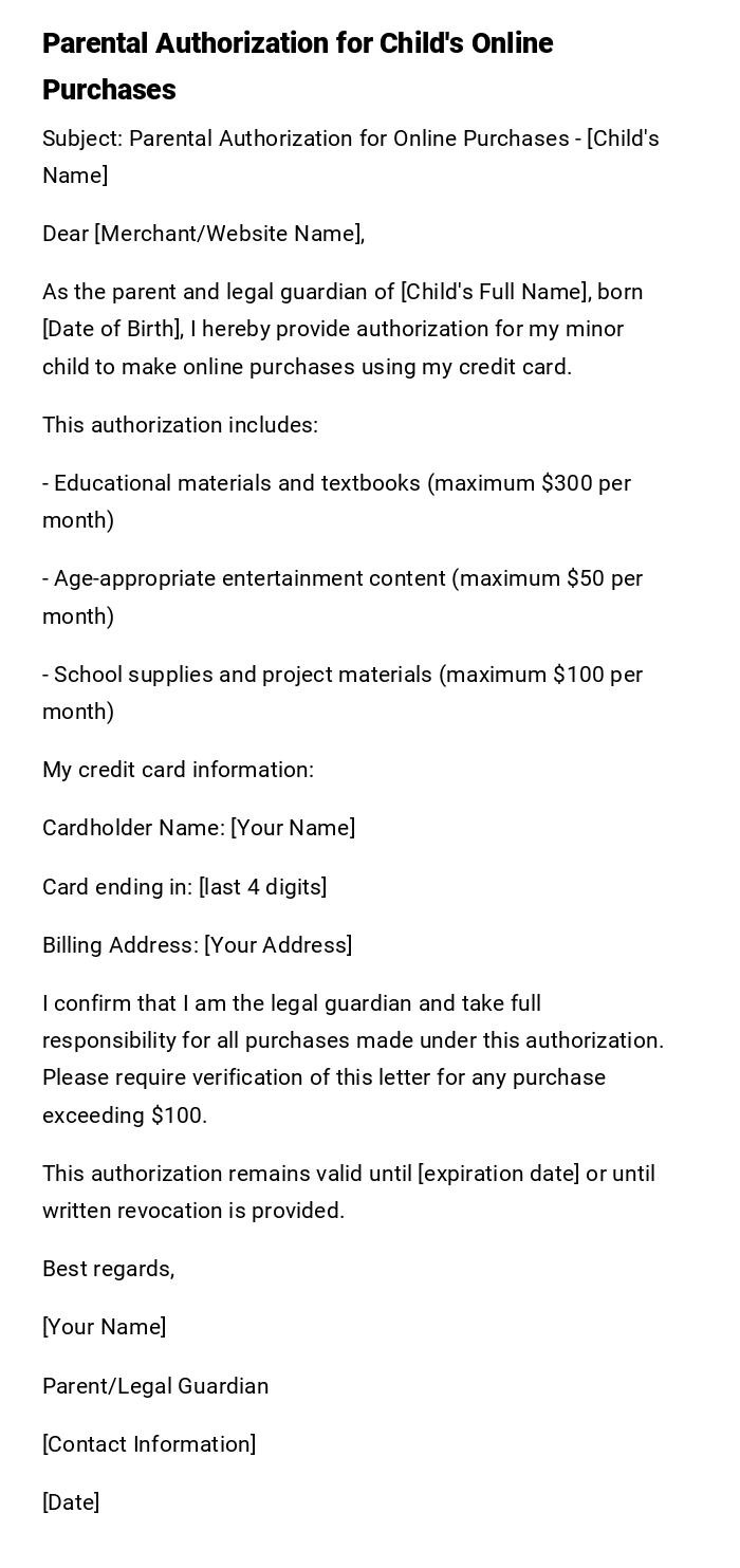 Parental Authorization for Child's Online Purchases Parental Authorization for Child's Online Purchases