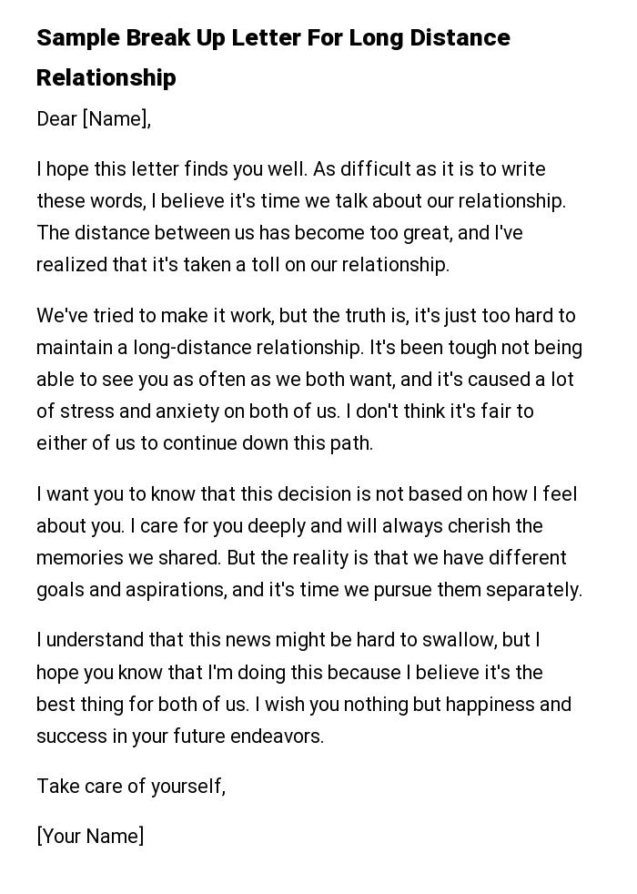 Sample Break Up Letter For Long Distance Relationship