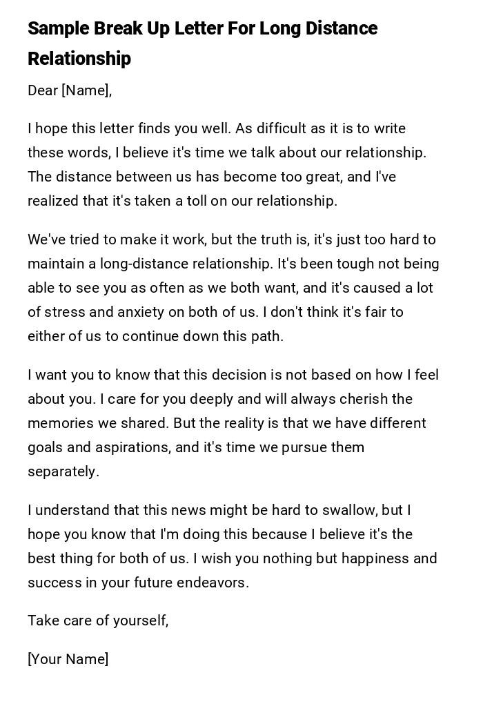 Sample Break Up Letter For Long Distance Relationship