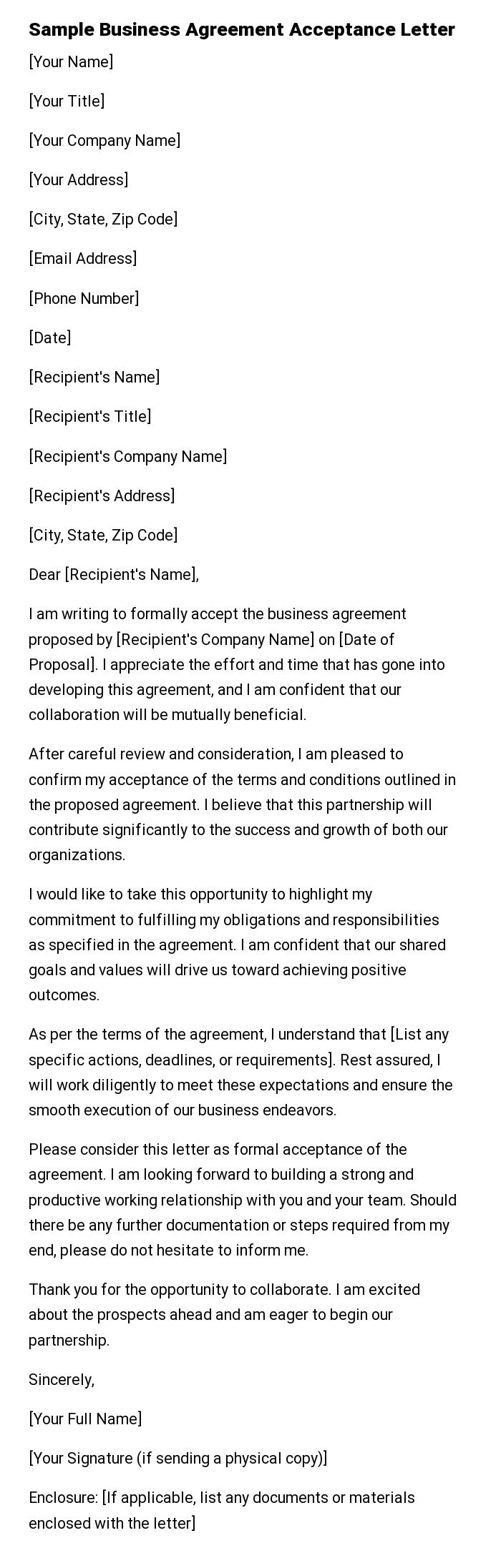 Sample Business Agreement Acceptance Letter