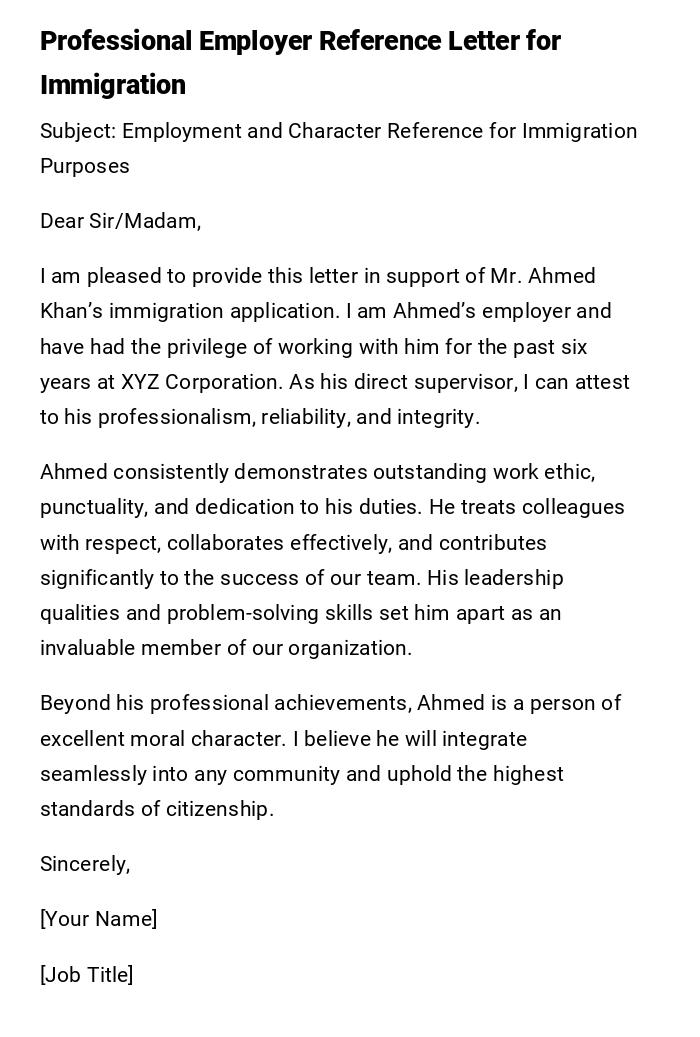 Professional Employer Reference Letter for Immigration Professional Employer Reference Letter for Immigration