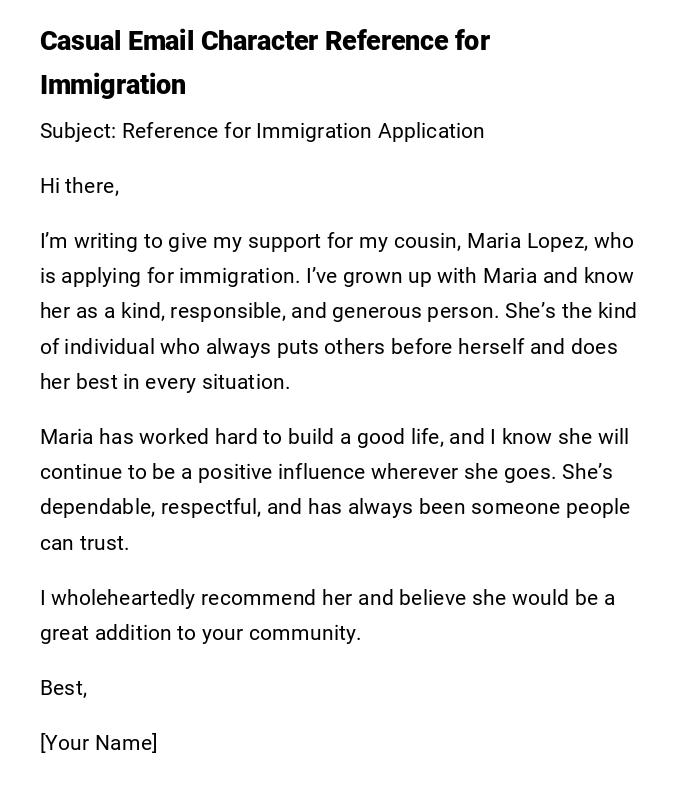 Casual Email Character Reference for Immigration Casual Email Character Reference for Immigration