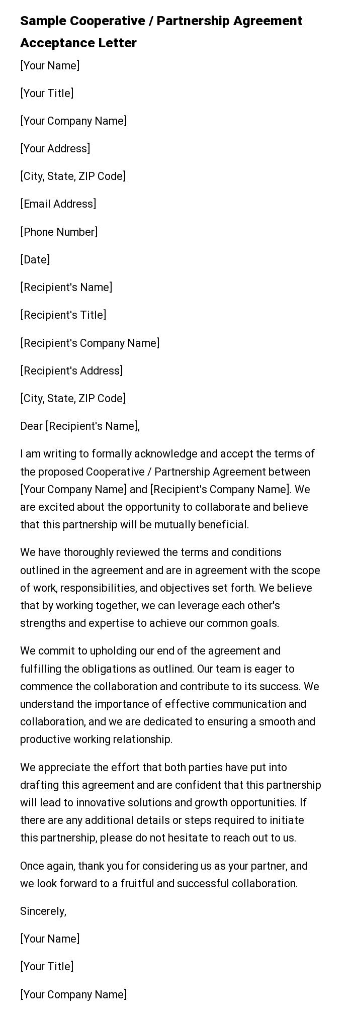 Sample Cooperative / Partnership Agreement Acceptance Letter