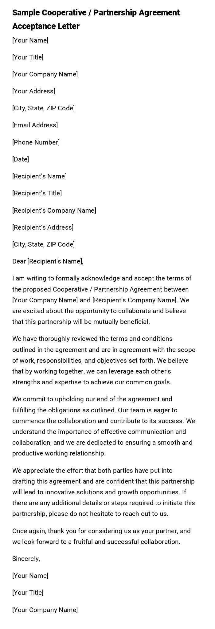 Sample Cooperative / Partnership Agreement Acceptance Letter