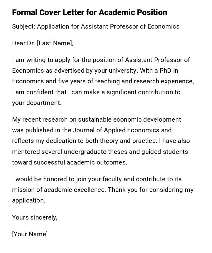 Formal Cover Letter for Academic Position Formal Cover Letter for Academic Position