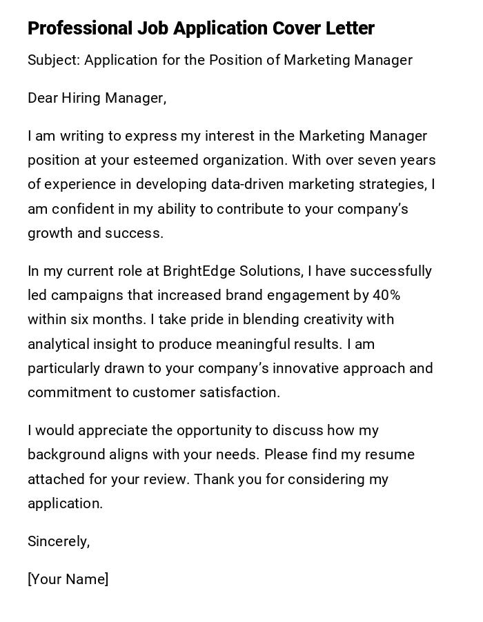 Professional Job Application Cover Letter Professional Job Application Cover Letter