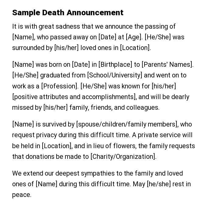 Sample Death Announcement