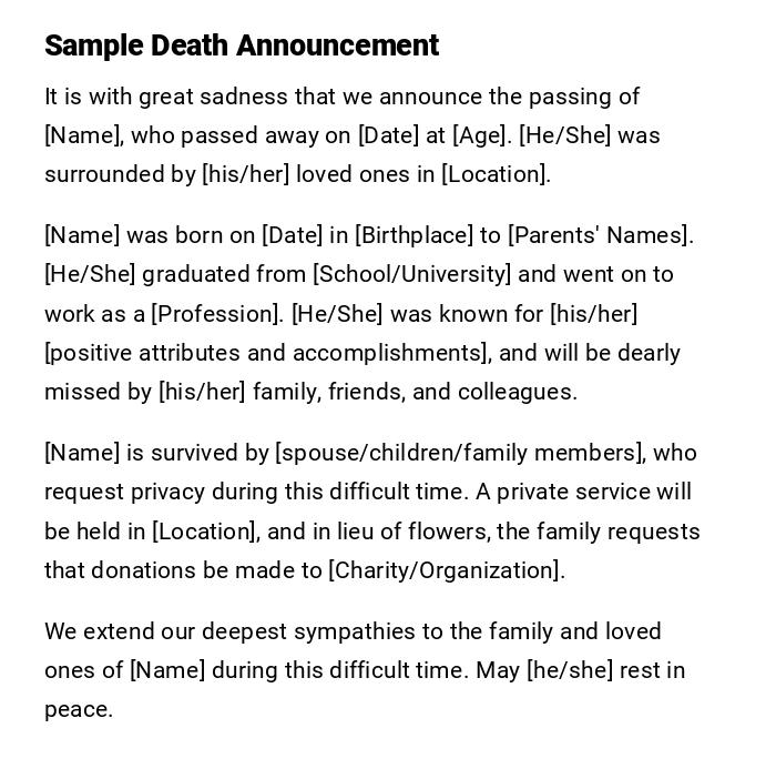 Sample Death Announcement