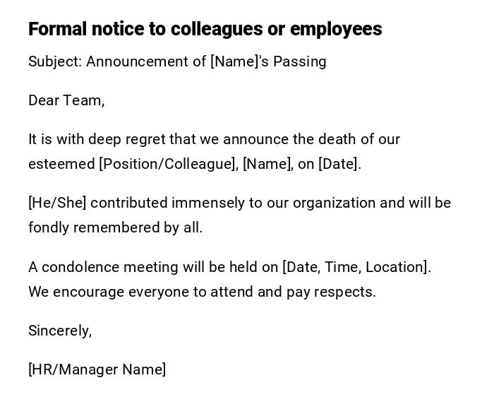 Formal notice to colleagues or employees Formal notice to colleagues or employees