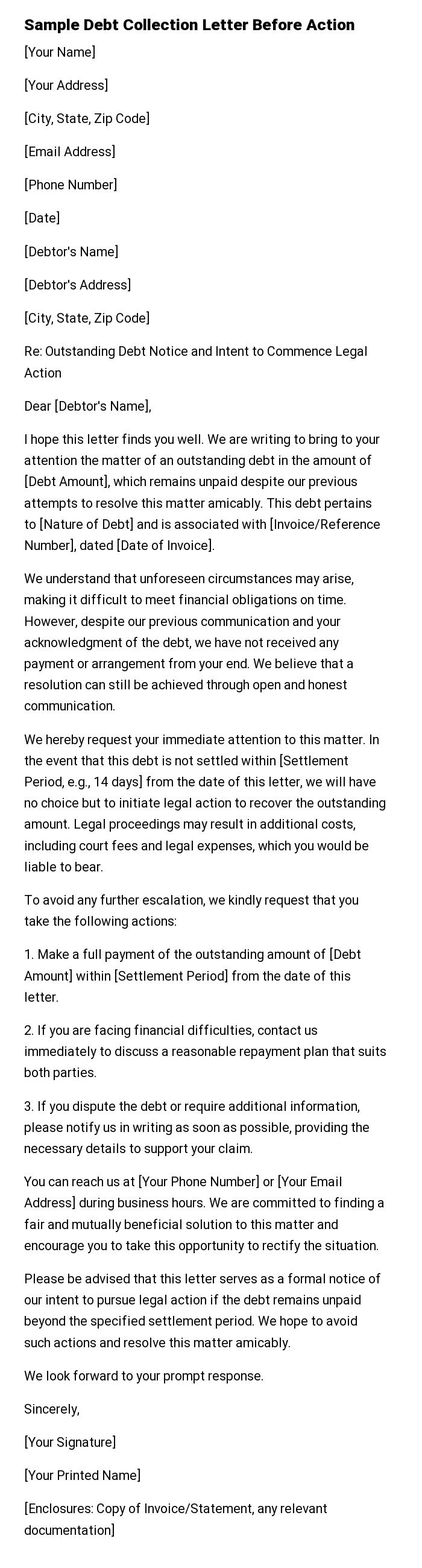 Sample Debt Collection Letter Before Action
