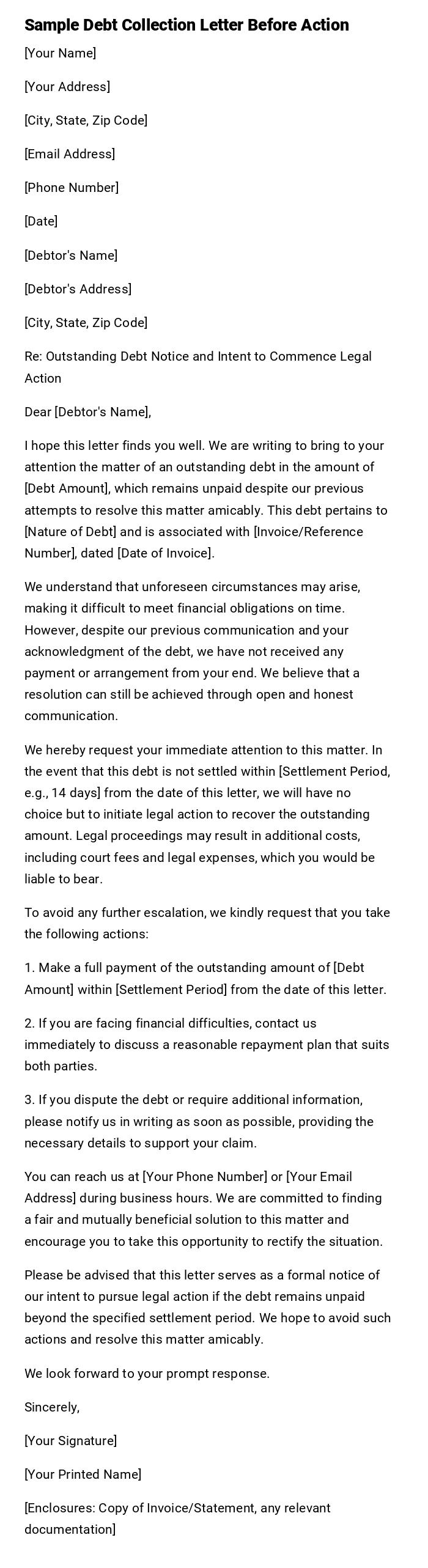 Sample Debt Collection Letter Before Action