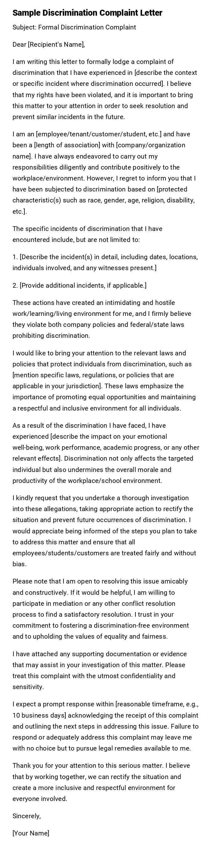 Sample Discrimination Complaint Letter