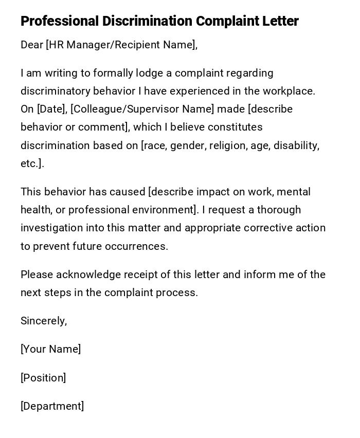 Professional Discrimination Complaint Letter