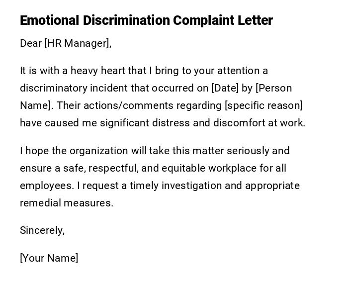Emotional Discrimination Complaint Letter