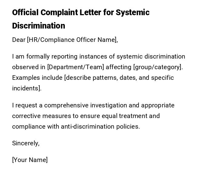 Official Complaint Letter for Systemic Discrimination