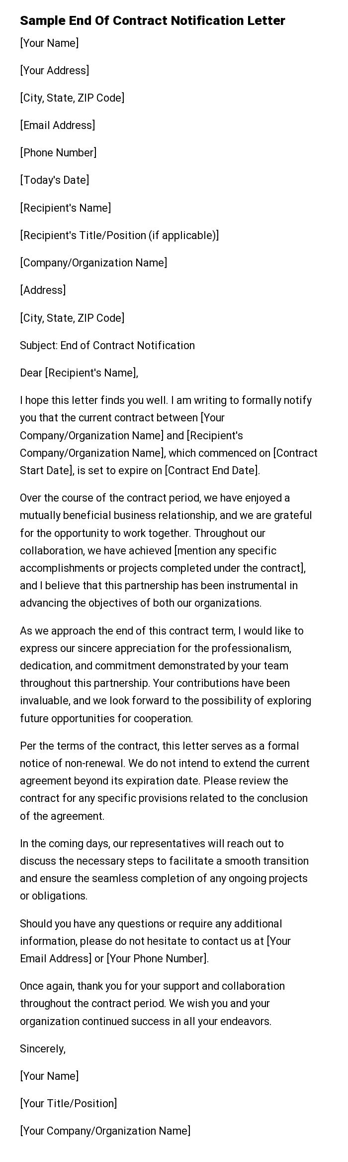 Sample End Of Contract Notification Letter